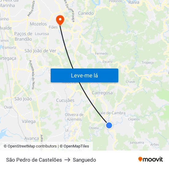 São Pedro de Castelões to Sanguedo map