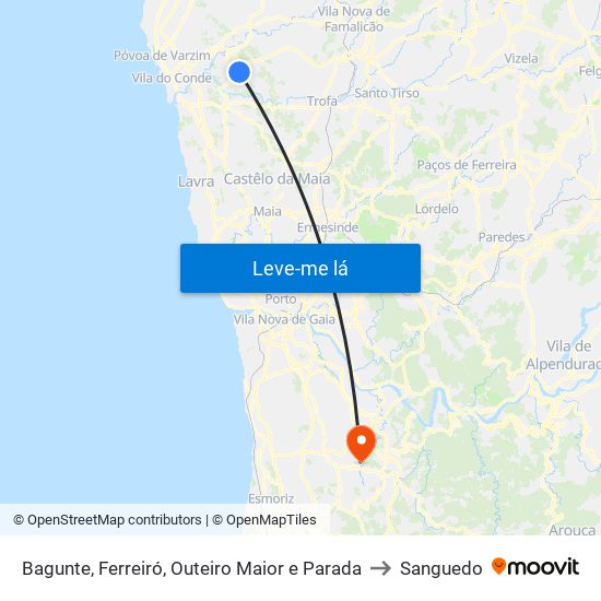 Bagunte, Ferreiró, Outeiro Maior e Parada to Sanguedo map