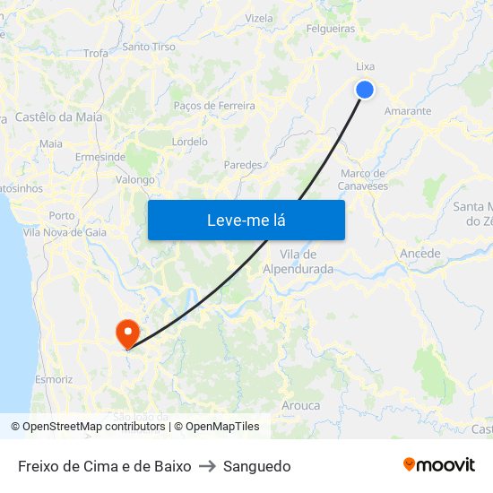 Freixo de Cima e de Baixo to Sanguedo map