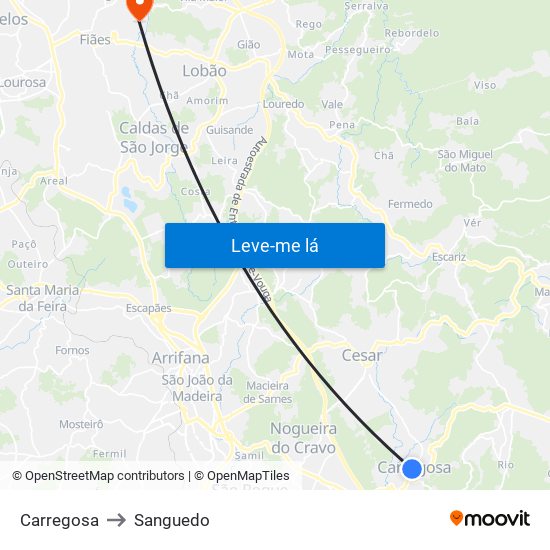 Carregosa to Sanguedo map