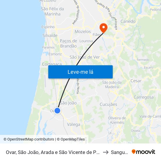 Ovar, São João, Arada e São Vicente de Pereira Jusã to Sanguedo map