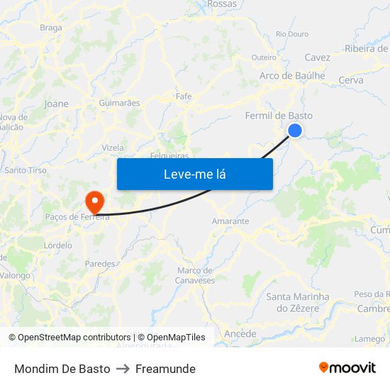 Mondim De Basto to Freamunde map