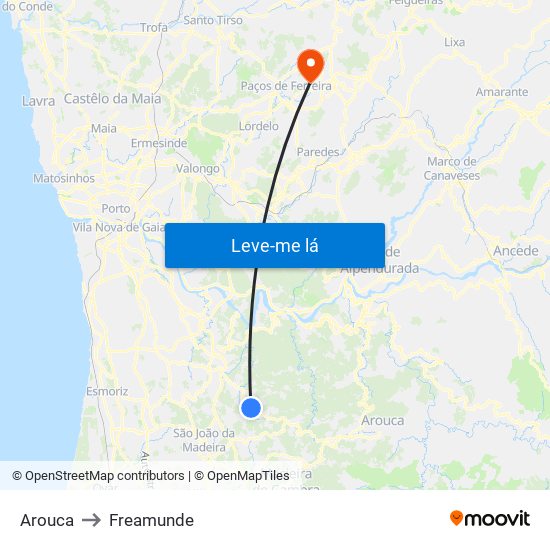 Arouca to Freamunde map