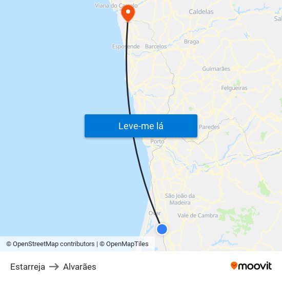 Estarreja to Alvarães map