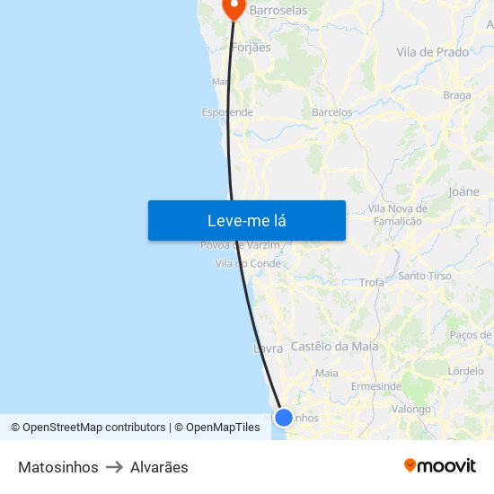 Matosinhos to Alvarães map