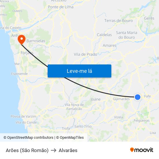 Arões (São Romão) to Alvarães map