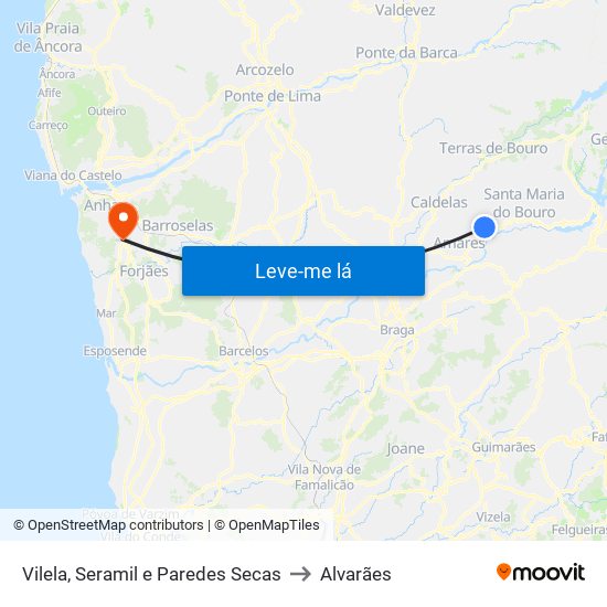 Vilela, Seramil e Paredes Secas to Alvarães map