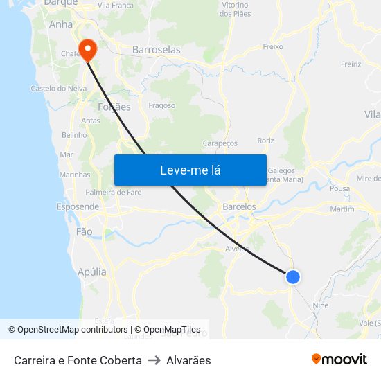 Carreira e Fonte Coberta to Alvarães map