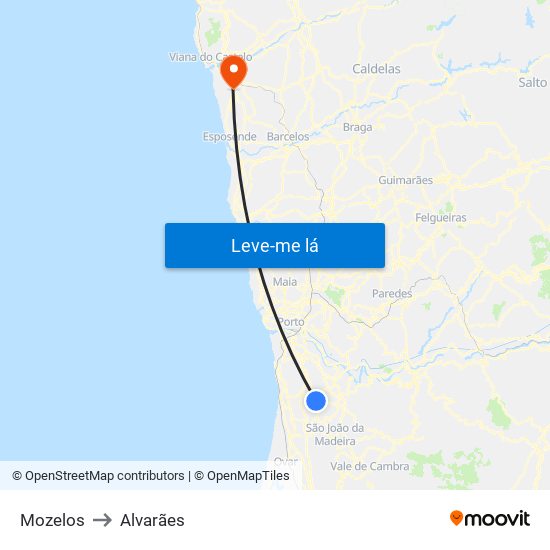 Mozelos to Alvarães map