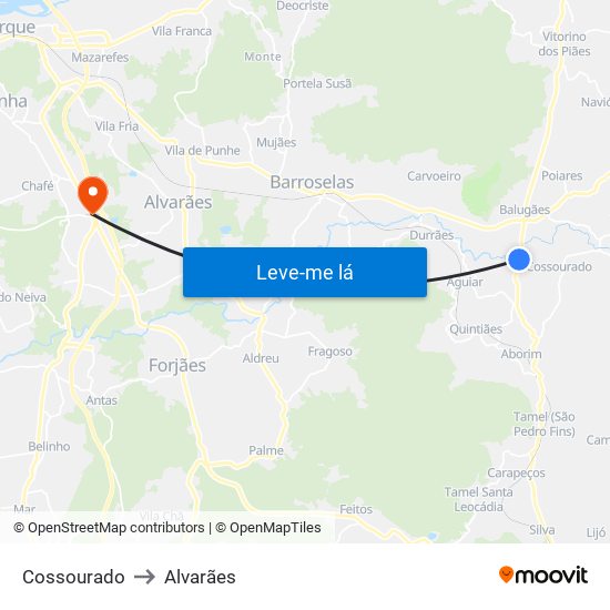 Cossourado to Alvarães map