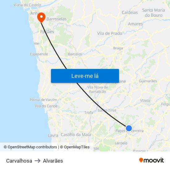 Carvalhosa to Alvarães map