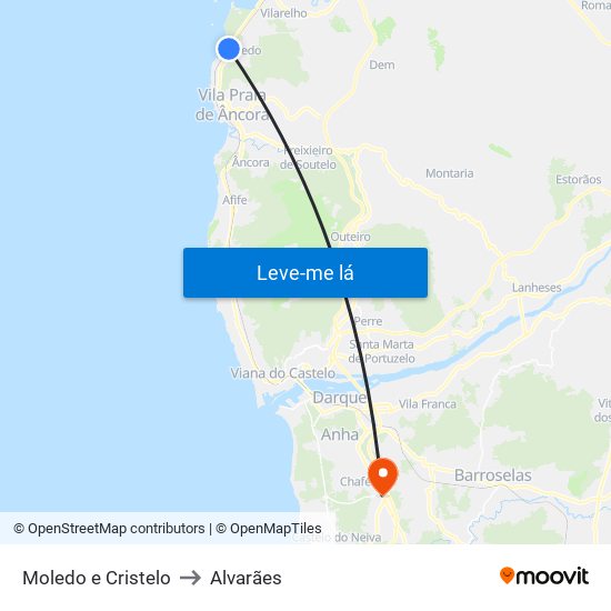 Moledo e Cristelo to Alvarães map