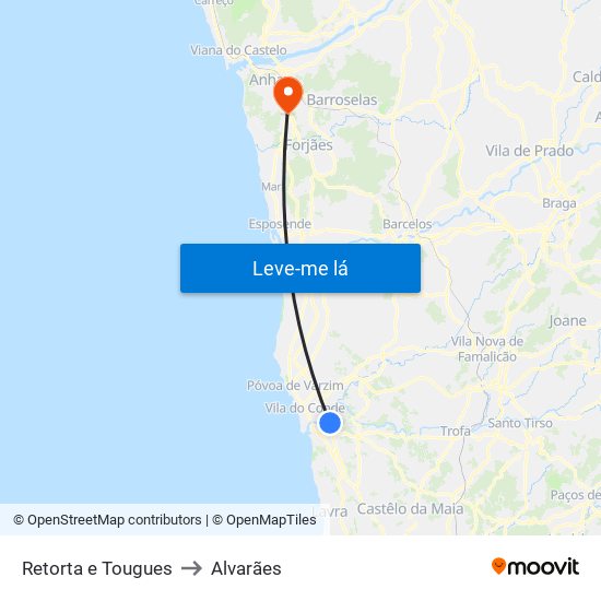 Retorta e Tougues to Alvarães map