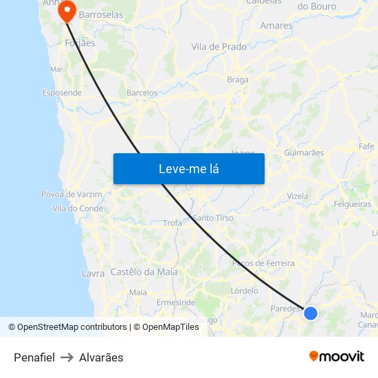 Penafiel to Alvarães map