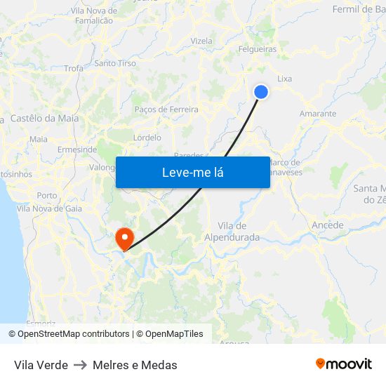 Vila Verde to Melres e Medas map