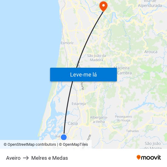 Aveiro to Melres e Medas map