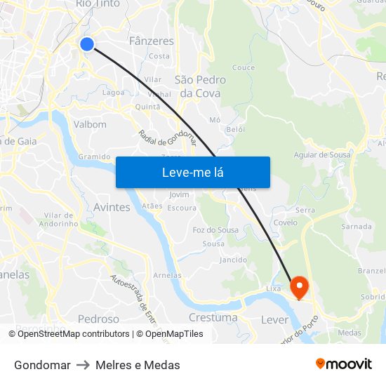 Gondomar to Melres e Medas map