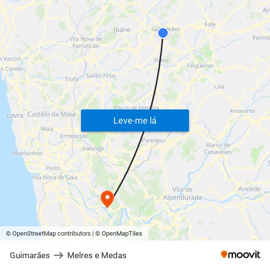 Guimarães to Melres e Medas map