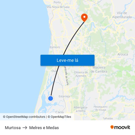 Murtosa to Melres e Medas map