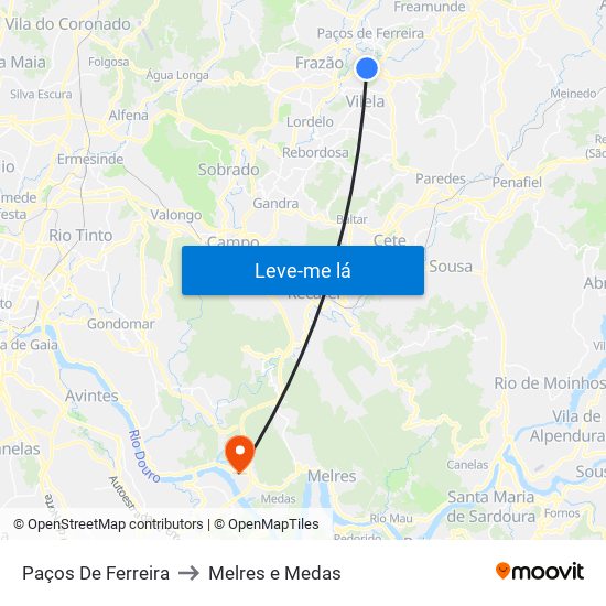 Paços De Ferreira to Melres e Medas map