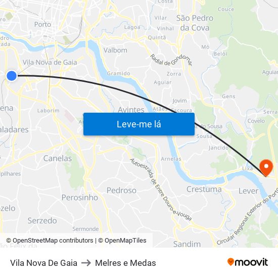 Vila Nova De Gaia to Melres e Medas map