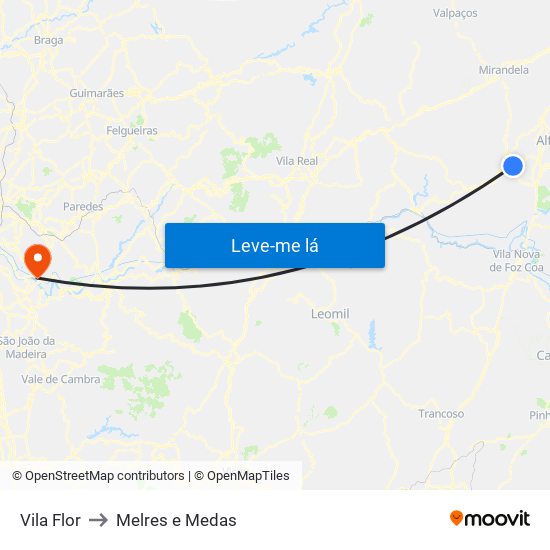 Vila Flor to Melres e Medas map