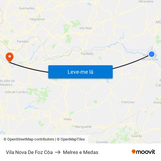 Vila Nova De Foz Côa to Melres e Medas map