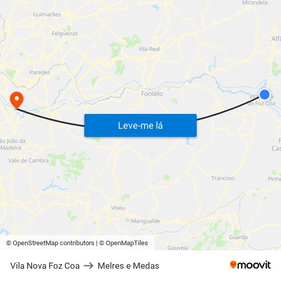 Vila Nova Foz Coa to Melres e Medas map