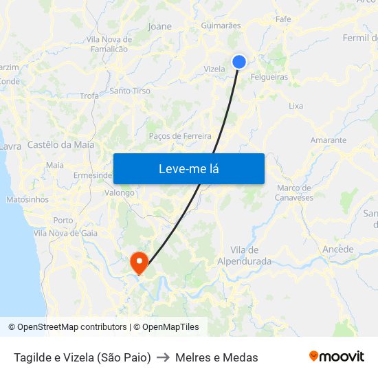 Tagilde e Vizela (São Paio) to Melres e Medas map