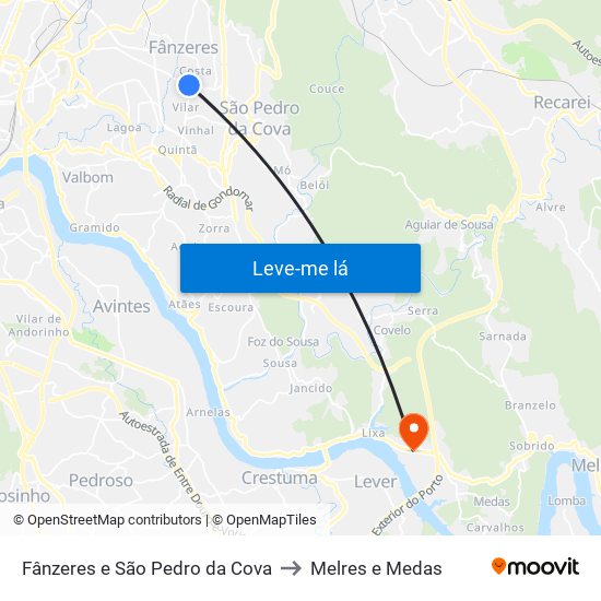 Fânzeres e São Pedro da Cova to Melres e Medas map