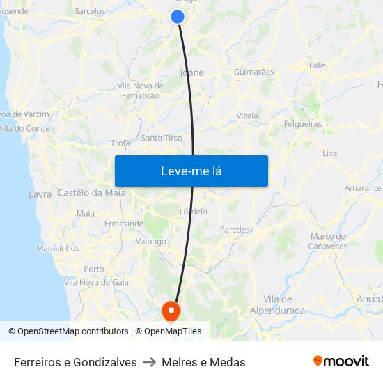 Ferreiros e Gondizalves to Melres e Medas map