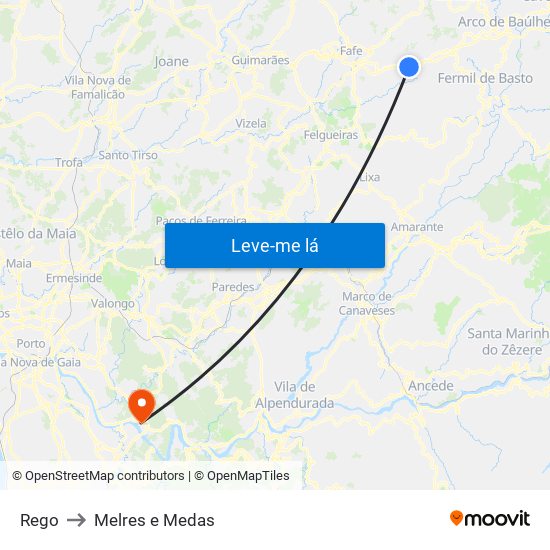 Rego to Melres e Medas map