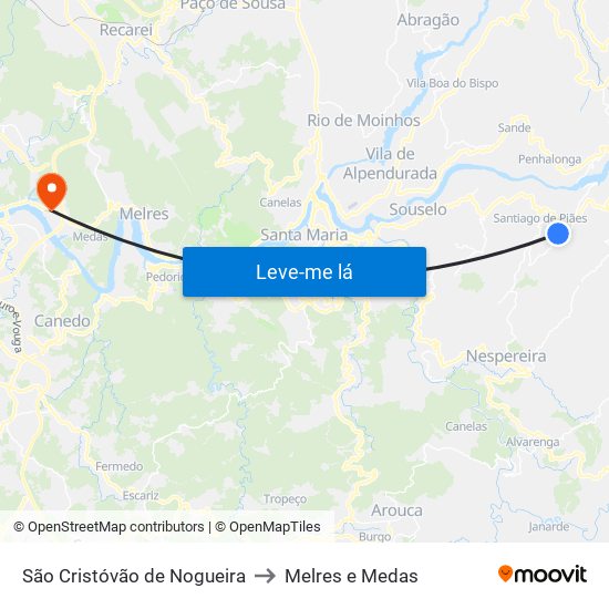 São Cristóvão de Nogueira to Melres e Medas map