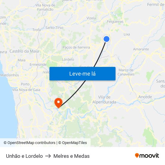 Unhão e Lordelo to Melres e Medas map