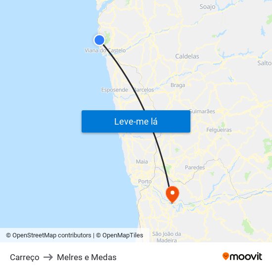 Carreço to Melres e Medas map