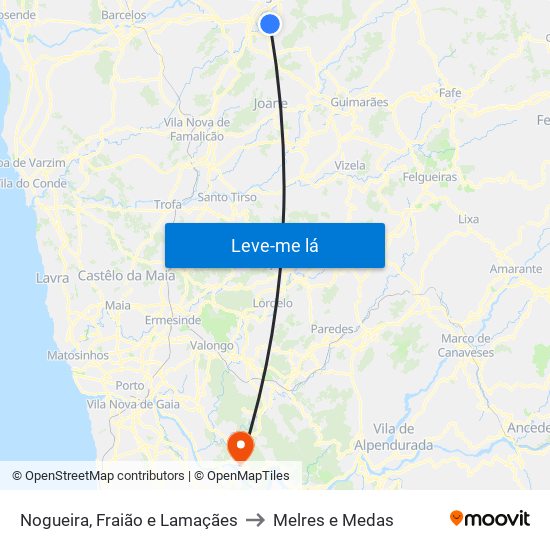 Nogueira, Fraião e Lamaçães to Melres e Medas map