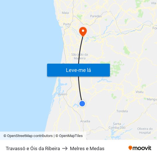 Travassô e Óis da Ribeira to Melres e Medas map