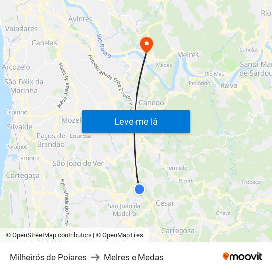 Milheirós de Poiares to Melres e Medas map