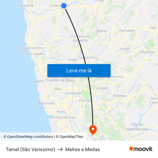 Tamel (São Veríssimo) to Melres e Medas map