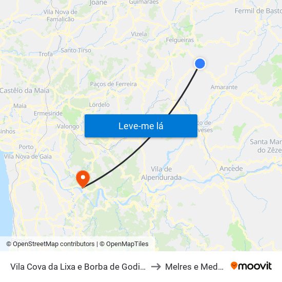 Vila Cova da Lixa e Borba de Godim to Melres e Medas map