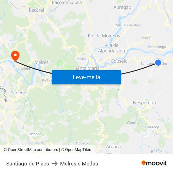 Santiago de Piães to Melres e Medas map