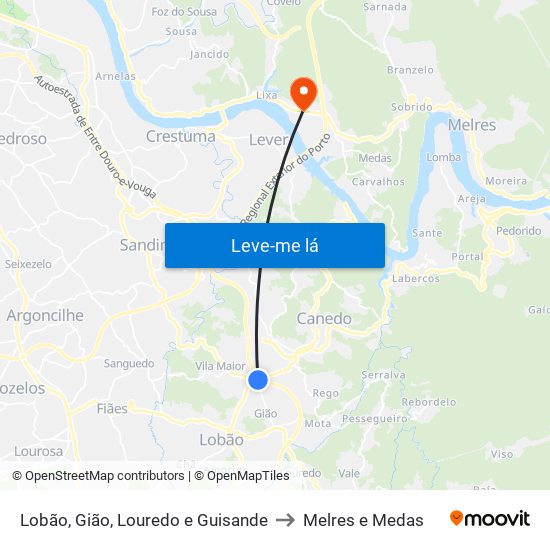Lobão, Gião, Louredo e Guisande to Melres e Medas map