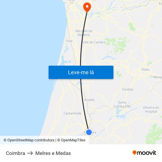 Coimbra to Melres e Medas map