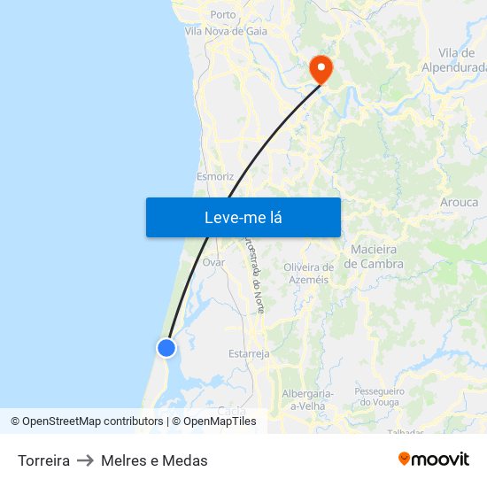 Torreira to Melres e Medas map