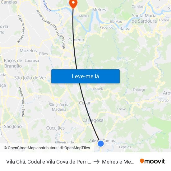 Vila Chã, Codal e Vila Cova de Perrinho to Melres e Medas map