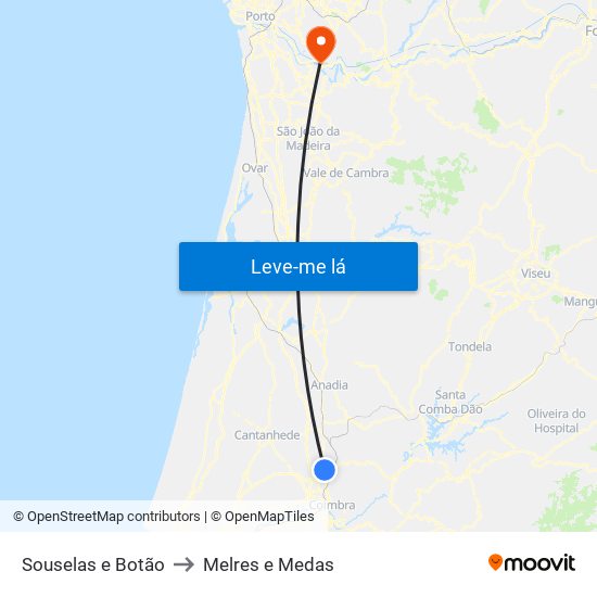 Souselas e Botão to Melres e Medas map