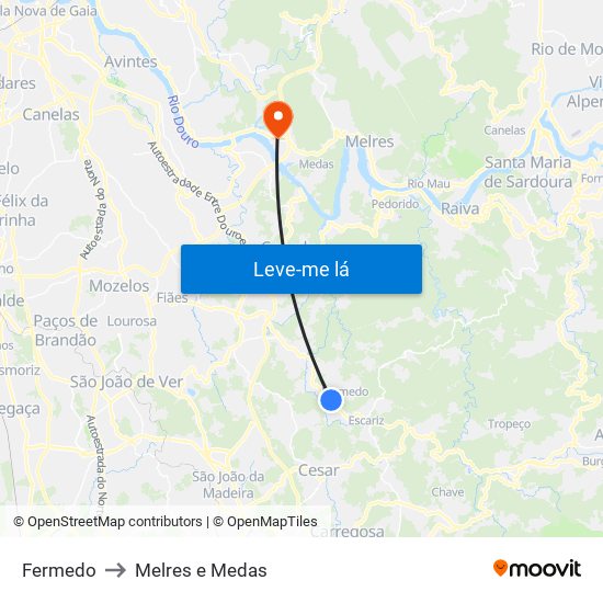 Fermedo to Melres e Medas map