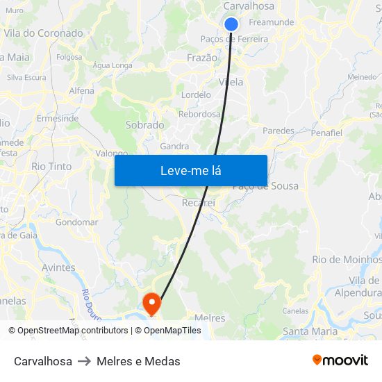 Carvalhosa to Melres e Medas map