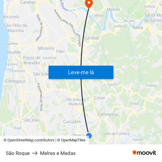 São Roque to Melres e Medas map