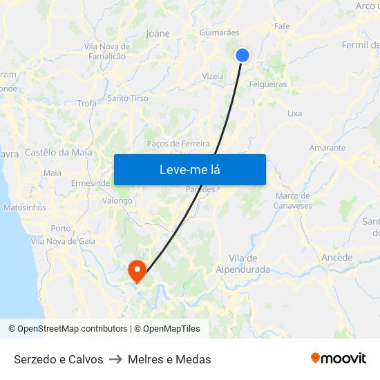Serzedo e Calvos to Melres e Medas map